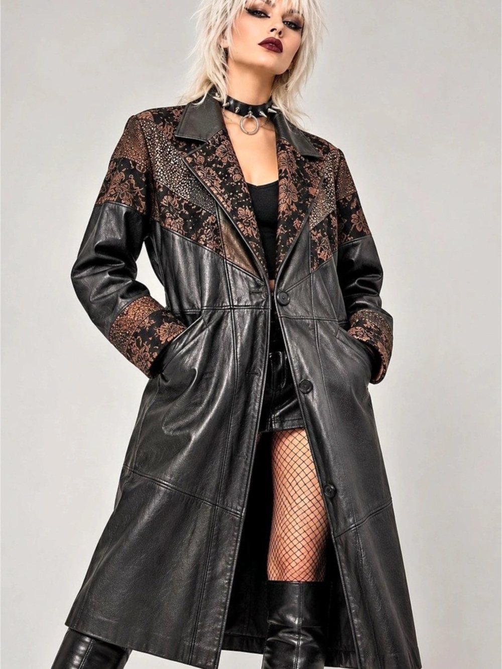 Vintage International Outerwear Black Leather Trench Coat Bronze Embossed Medium